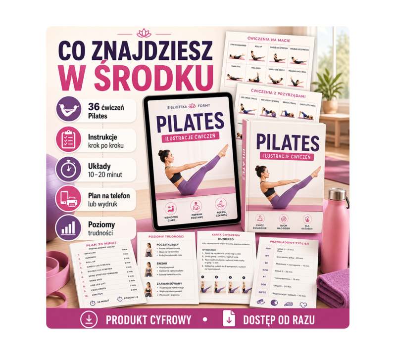 Podgląd zawartości PDF: ćwiczenia Pilates, instrukcje, układy i poziomy