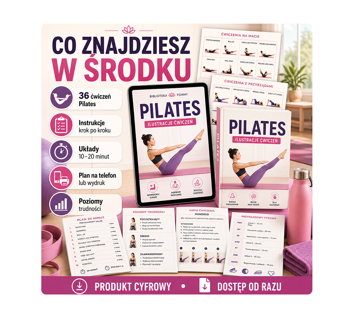 Podgląd zawartości PDF: ćwiczenia Pilates, instrukcje, układy i poziomy