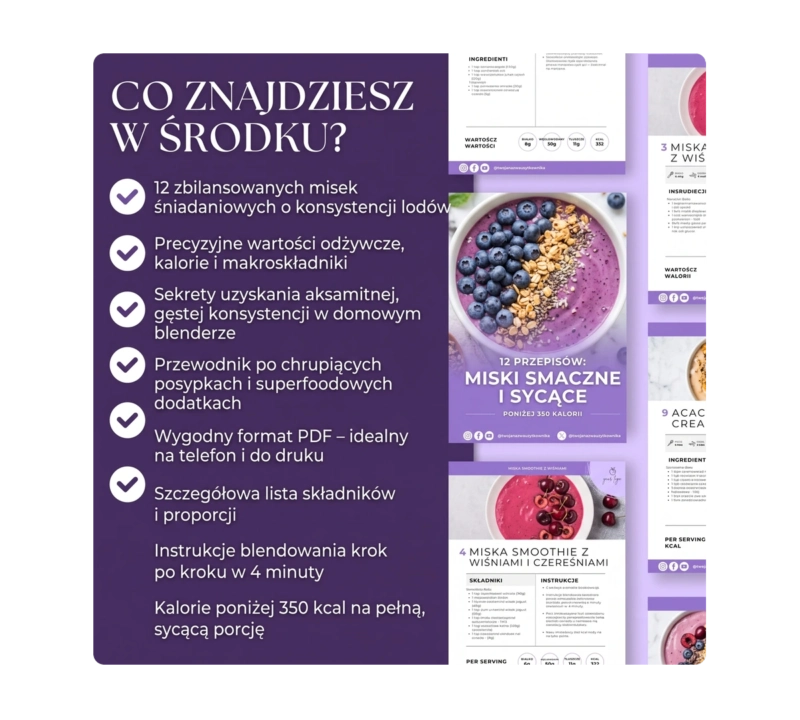 Spis treści i podgląd stron e-booka 12 przepisów na Smoothie Bowl