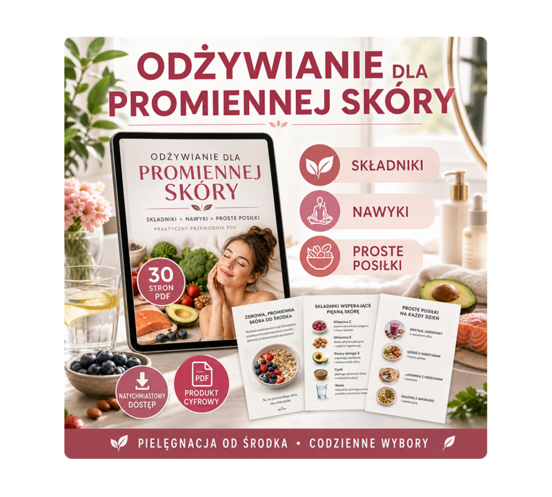 Odżywianie dla promiennej skóry: 30 stron PDF o składnikach, nawykach i prostych posiłkach
