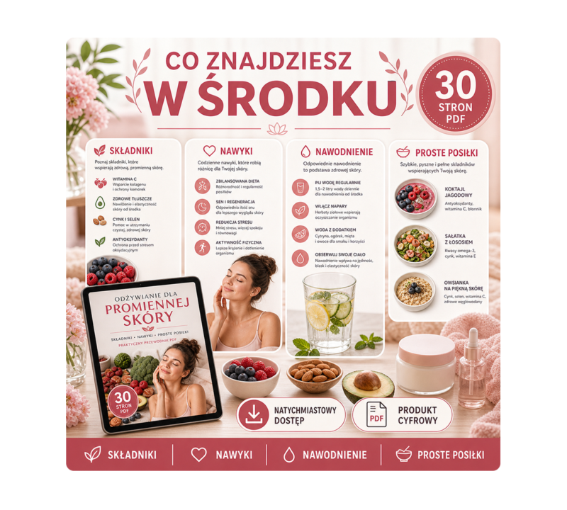 Odżywianie dla promiennej skóry: 30 stron PDF o składnikach, nawykach i prostych posiłkach