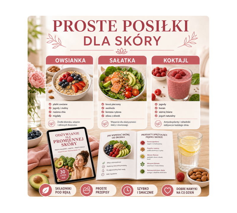 Odżywianie dla promiennej skóry: 30 stron PDF o składnikach, nawykach i prostych posiłkach
