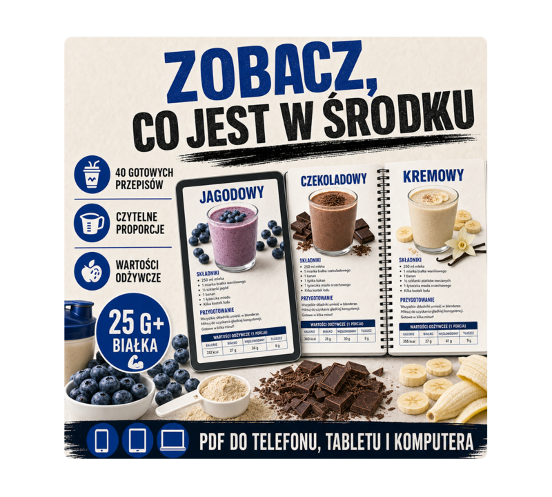 Wnętrze ebooka z 40 przepisami na koktajle białkowe