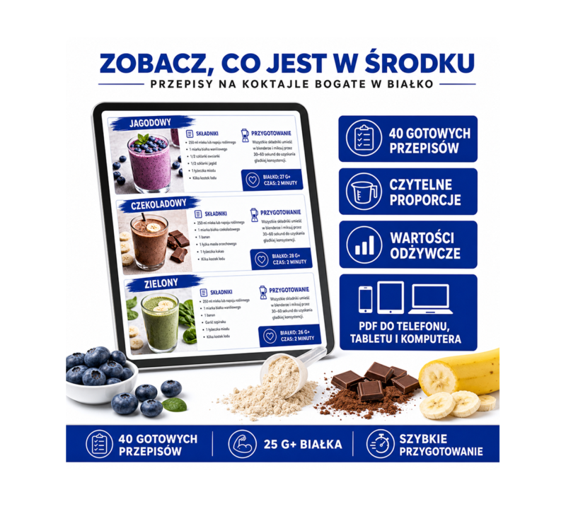 Wnętrze ebooka: 40 przepisów na koktajle bogate w białko
