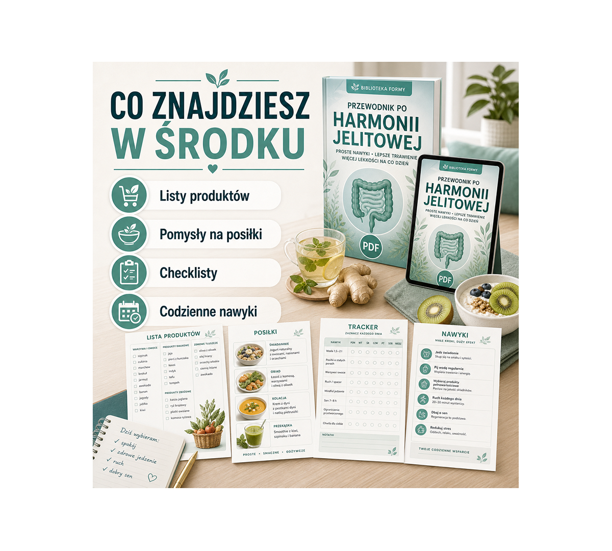 Co znajdziesz w środku PDF: listy produktów, pomysły na posiłki, checklisty i codzienne nawyki