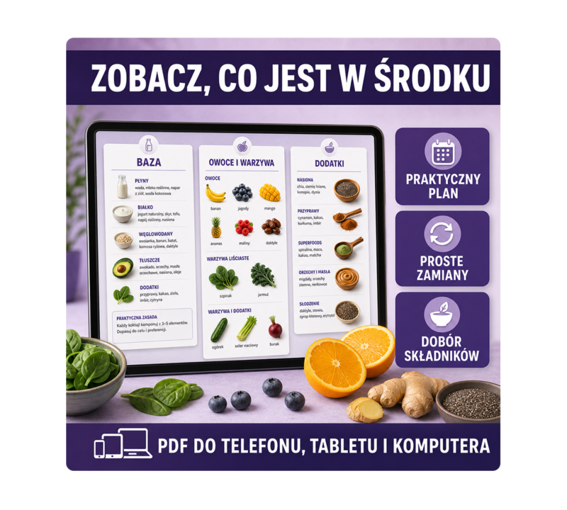 Wnętrze przewodnika po zdrowych koktajlach: baza, owoce, warzywa i dodatki