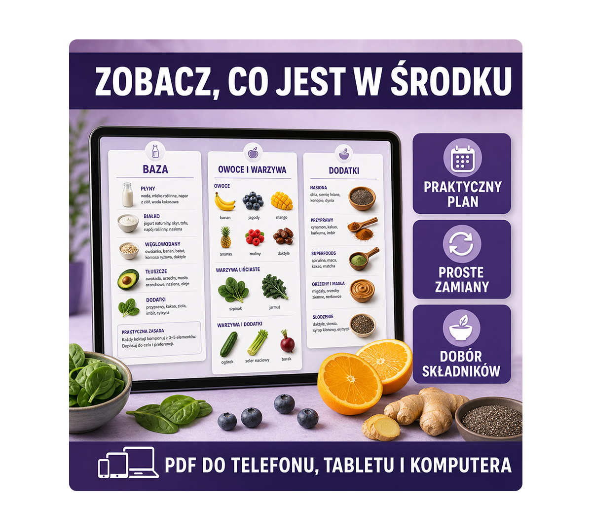 Wnętrze przewodnika po zdrowych koktajlach: baza, owoce, warzywa i dodatki